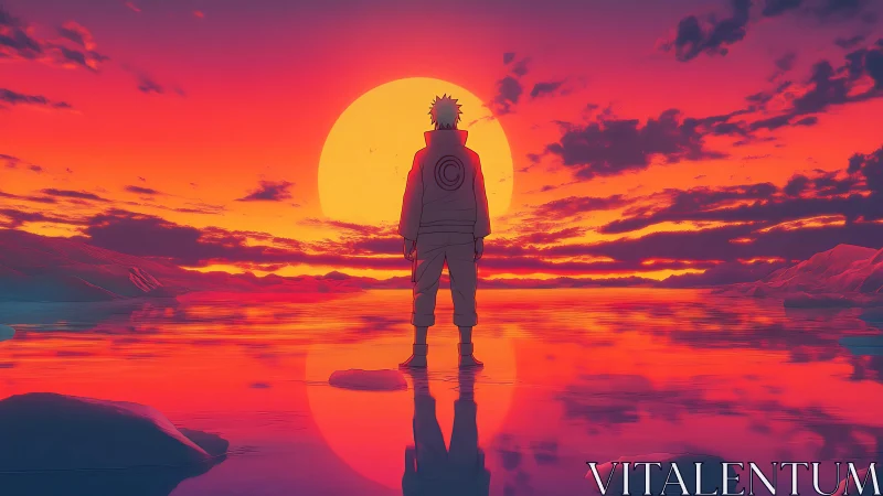 Solitary anime figure against neon hyperreal sunset horizon.
