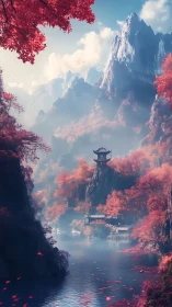 Mountain lake temple amid mist and red autumn forest.