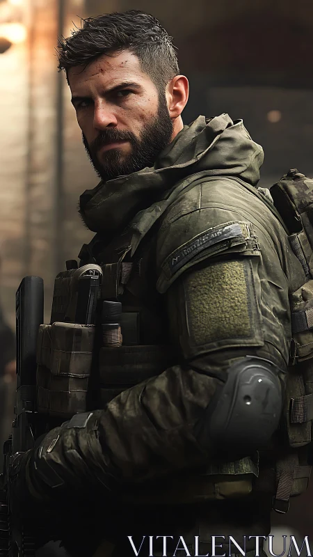 Steady soldier pauses with calm focus in tactical gear