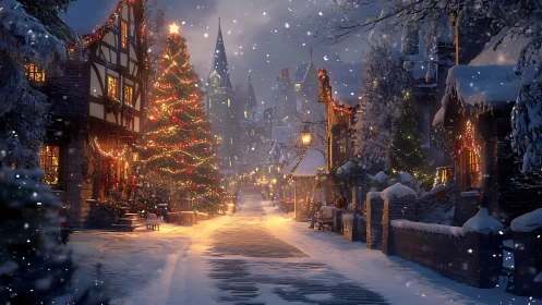 Snow covered village street with illuminated Christmas tree.