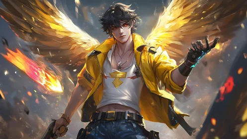 Winged anime fighter in yellow jacket amid burning sky.