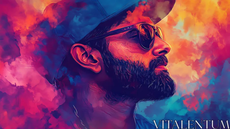 Vibrant bearded portrait gazes through neon colored clouds.