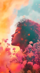 Serene dreamer crowned in neon dusk bloomfields.