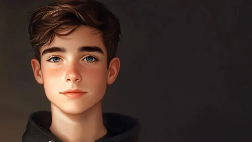 Digital portrait of brown haired boy with neutral backdrop.