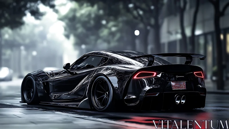 Midnight supercar gliding through a calm city street.