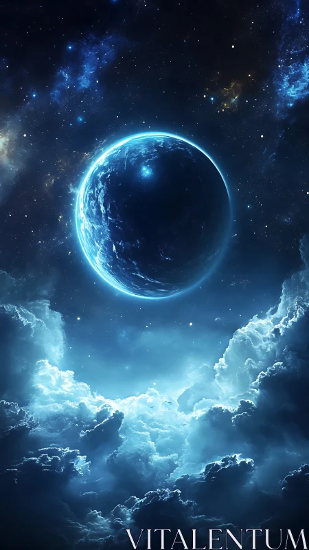 Luminous blue planet hovers above storm-laden cloud sea