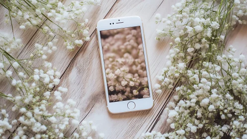 White smartphone displaying floral image surrounded by baby's breath flowers on wooden surface.