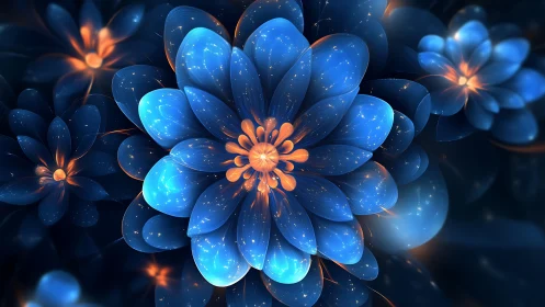 Luminous blue fractal blooms with glowing amber cores