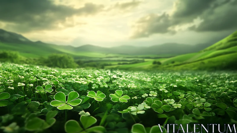 Macro clover meadow under volumetric daylight gradient sky.