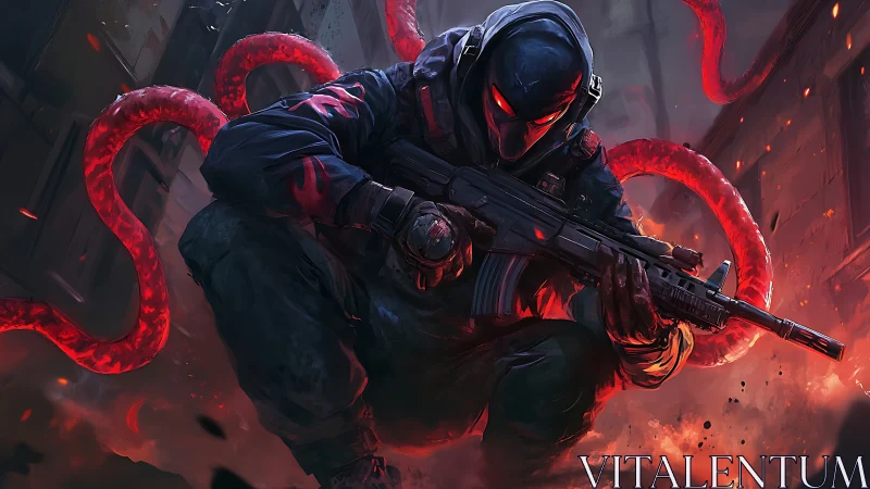 Tactical operative with parasitic tendrils in incendiary alleyway.