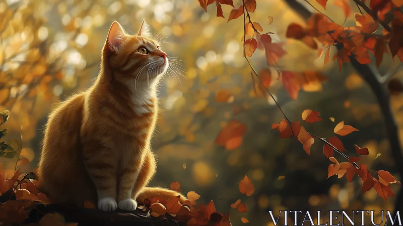 Orange tabby cat sitting among autumn foliage and falling leaves