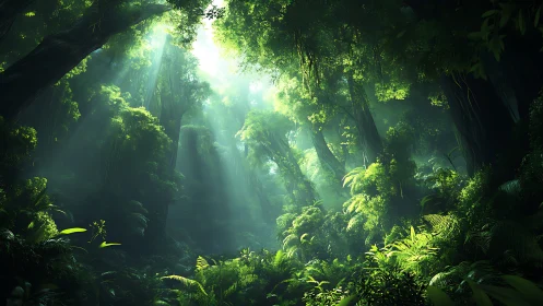 Dense forest canopy with God rays penetrating thick green foliage