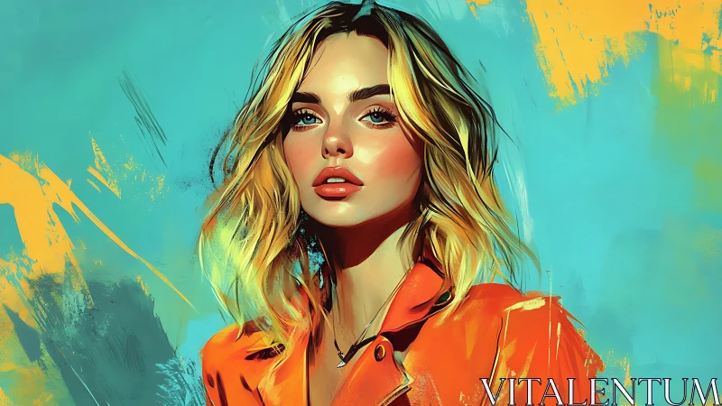 Digital portrait depicts woman in orange jacket on cyan field