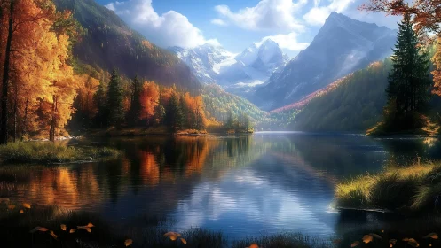 Autumn mountains reflect in a tranquil alpine lake at sunrise.