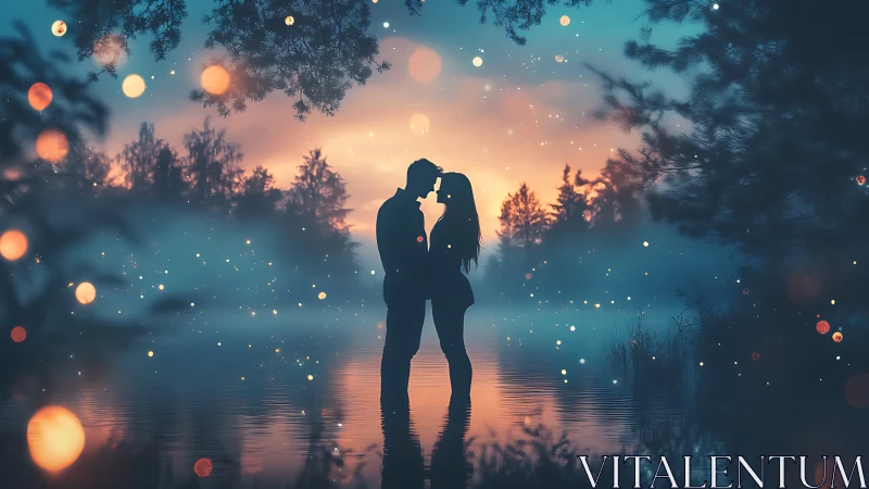 Silhouetted Couple Kissing by Illuminated Lake at Dusk.