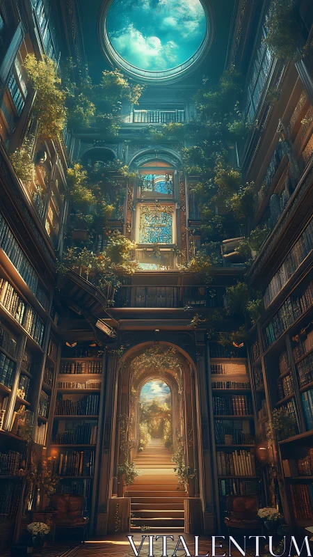 Vertical grand library atrium with skylit oculus and overgrown foliage