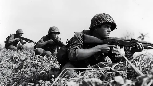 Infantry soldiers advance forward while aiming rifles