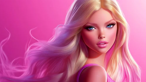 Hyperreal blonde doll portrait with dynamic pink lighting