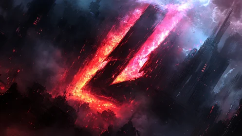 Volcanic data-rift cleaving a dystopian megastructure skyline.