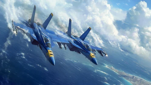 Blue jet fighters in tight formation over open ocean.
