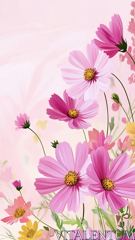 Pink Cosmos Flowers Blooming Against Soft Pastel Background.