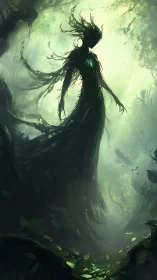 Silhouette of arboreal humanoid figure in dense misty forest.