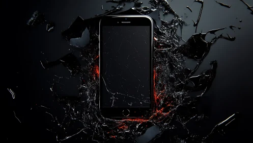 Smartphone with cracked screen amid shattered glass elements.