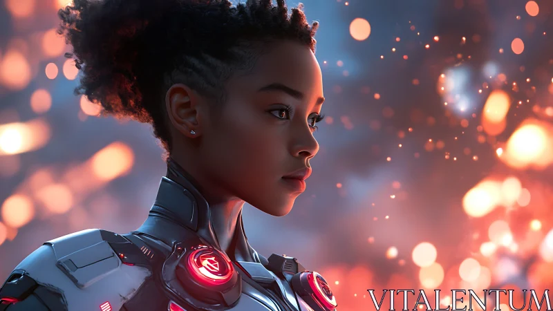 Starlit young cyborg gazes through ember-bright future skies.