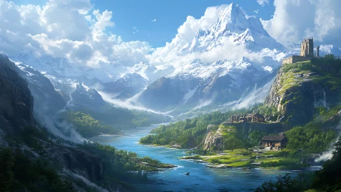 Mountain river valley with fortified hilltop structures.