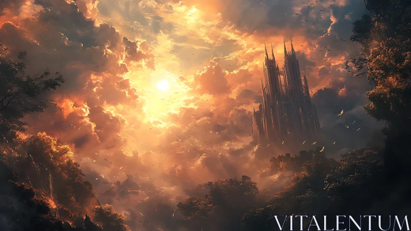 Golden clouds cradle a distant cathedral above misty forest