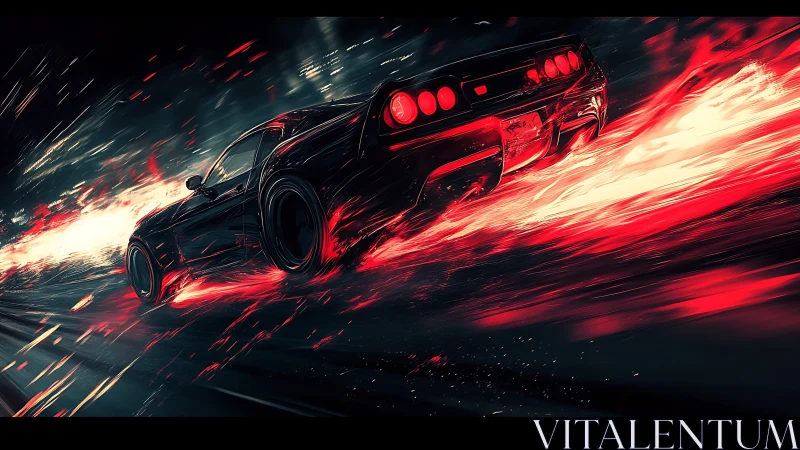 Cyber-noir sports car accelerates through incandescent red trails