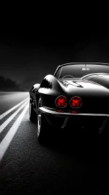 Midnight muscle car glows over a deserted highway.