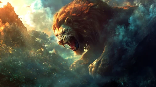 Titanic spectral lion emerging over luminous jungle citadel.