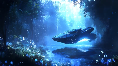 Starship glides above glowing forest lake in ethereal blue light
