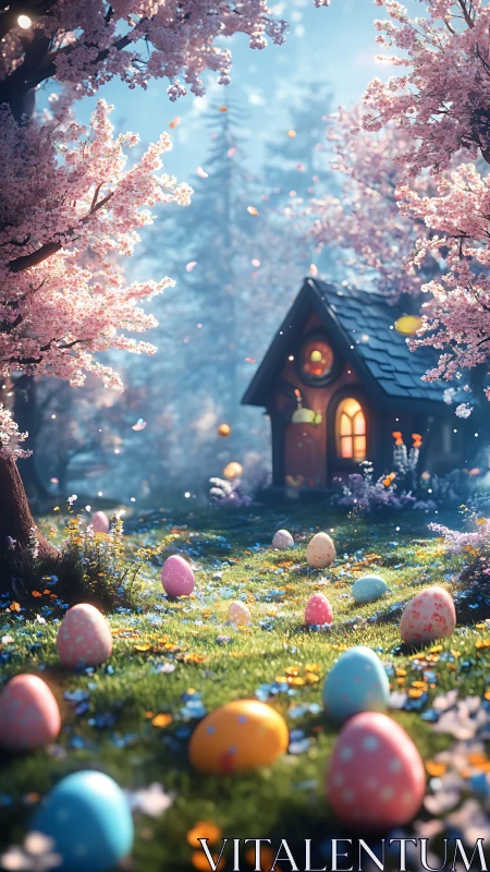 Egg-strewn garden path leading to small illuminated cottage.