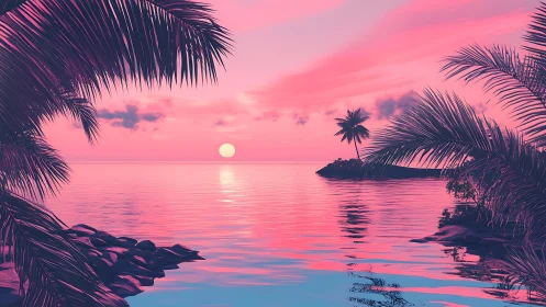 Palm-framed tropical shoreline at monochrome pink sunset.