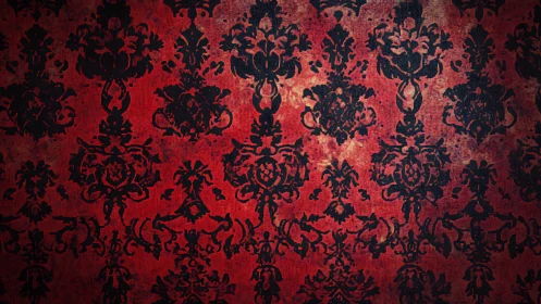 Baroque shadows blooming across distressed crimson wallpaper.