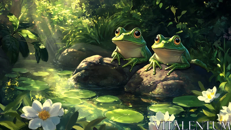 Sunlit rainforest pond shows two frogs on rocks in luminous detail