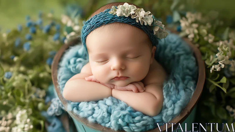 Sleeping newborn in teal wool nest with floral crown outdoors.