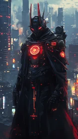 Neon warlock sentinel brooding over rain-soaked megacity.