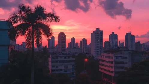Urban skyline with palm tree under vivid pink sunset.