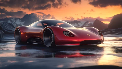 Low-slung red hypercar on reflective icy plateau at sunset