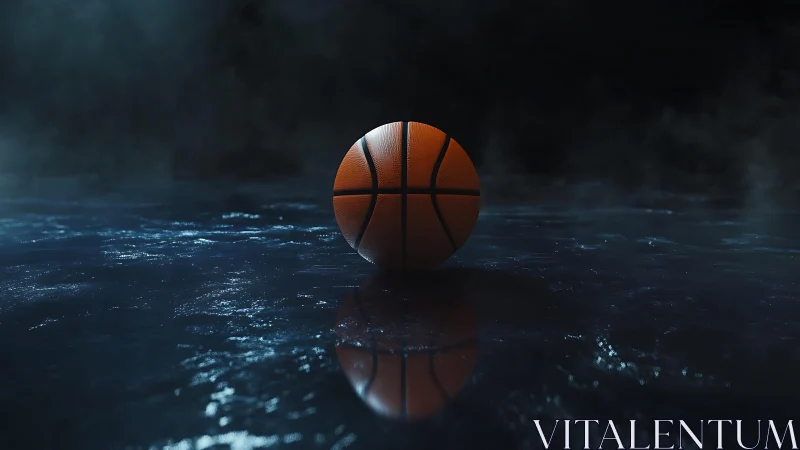 Single basketball on reflective dark court surface at night.