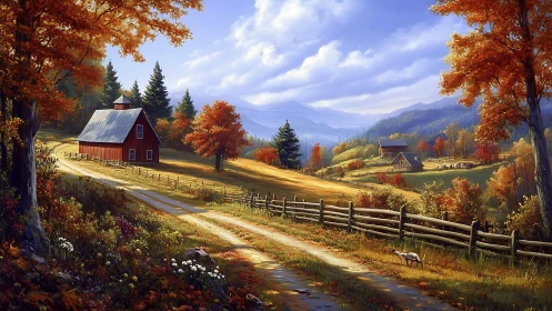 Autumn farm valley with red barn under crisp blue sky.