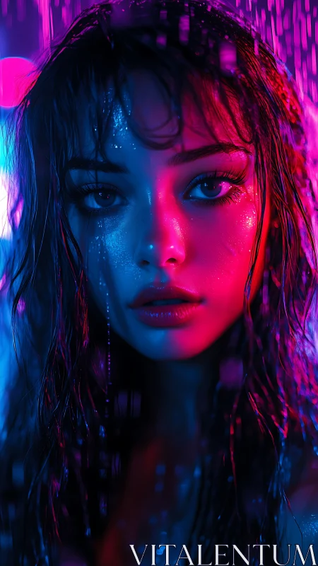 Neon-lit portrait renders wet female face in cyberpunk close-up