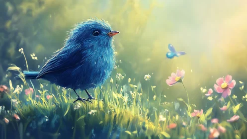 Fluffy blue songbird on sunlit wildflower meadow edge.