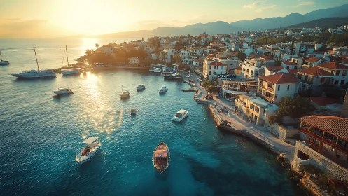 Coastal Mediterranean town harbor at sunset with moored boats.