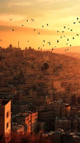 Dense hillside cityscape under warm sunset sky with birds in flight