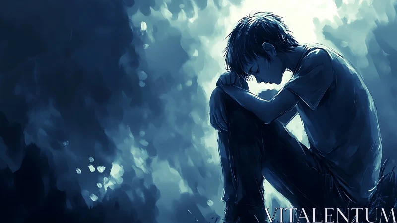 Sad blue toned boy sitting alone in a quiet corner.