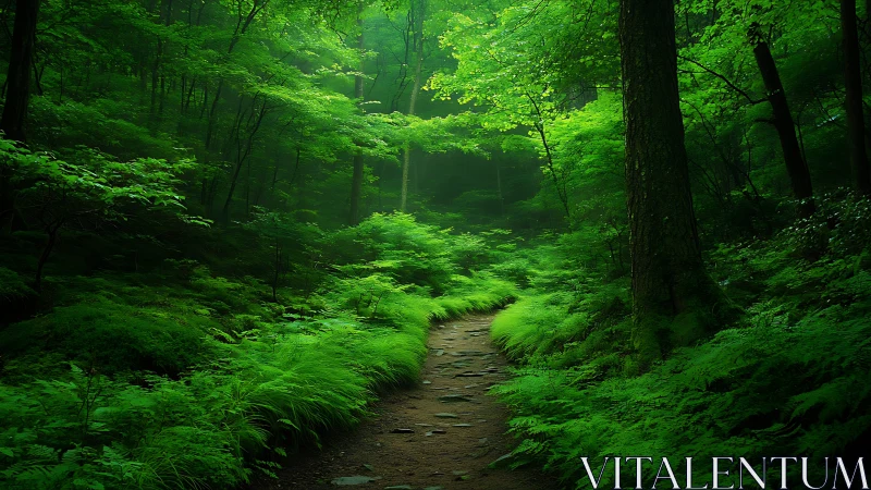 Emerald Sanctuary: Stone Path Winds Through Verdant Forest Silence.